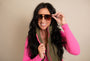 Female wearing San Juan oversized aviator in colorway Durango
