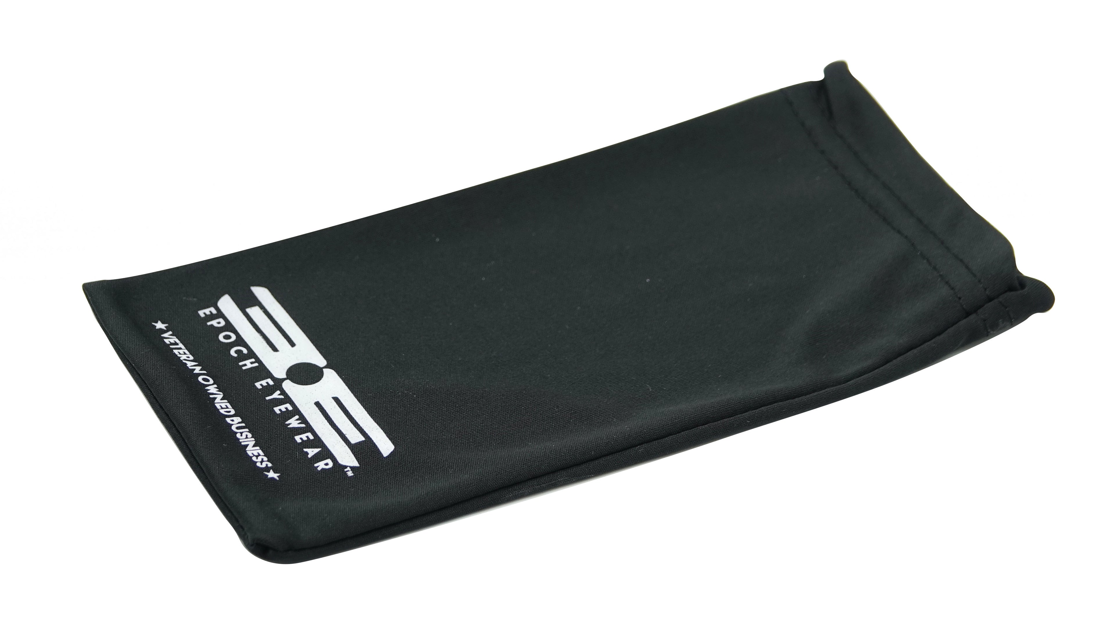 A black Microfiber Bag with a white logo of  Epoch eyewear