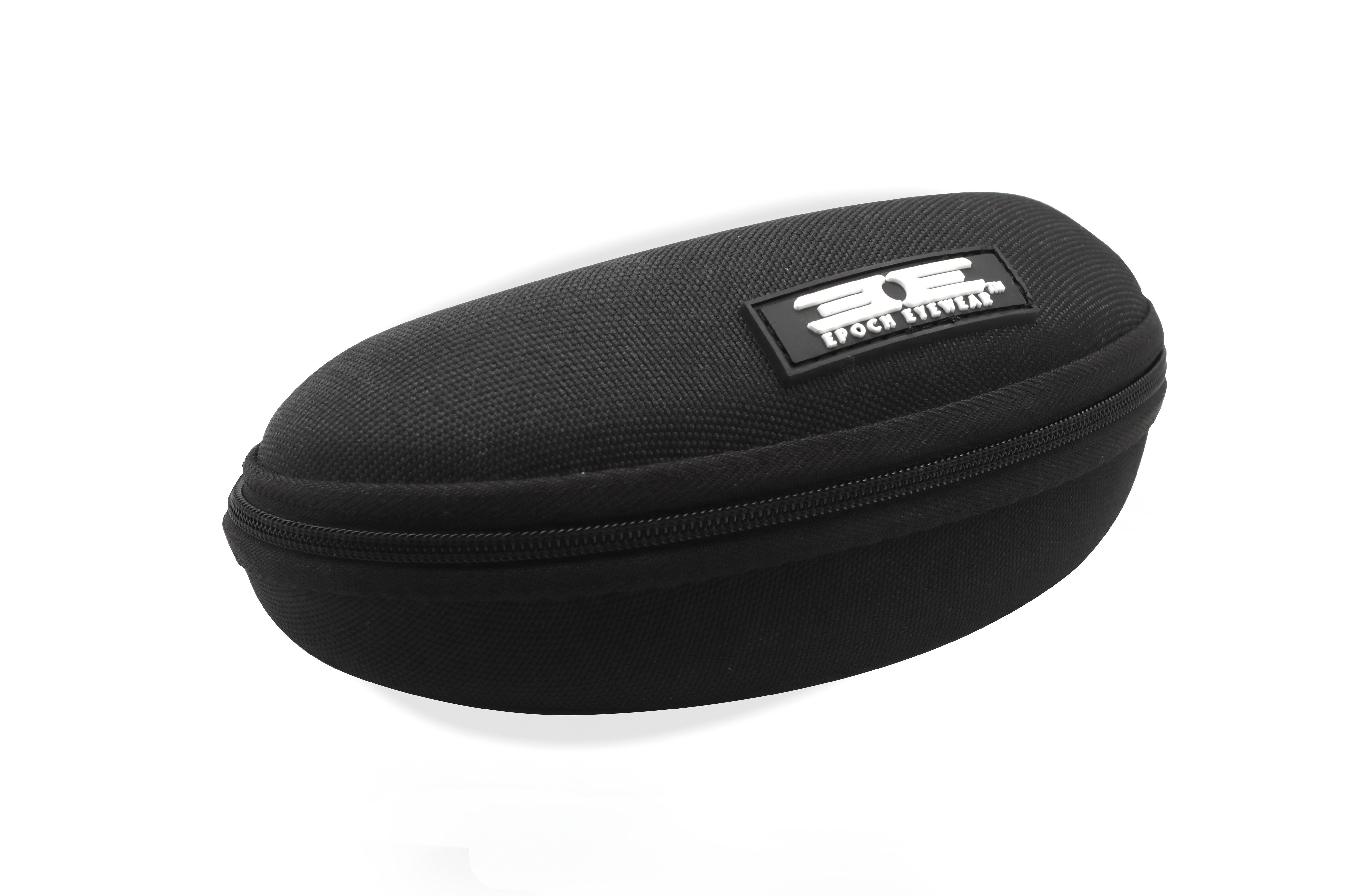 A black eyeglass case with a zippered Hard Case by Epoch Eyewear 