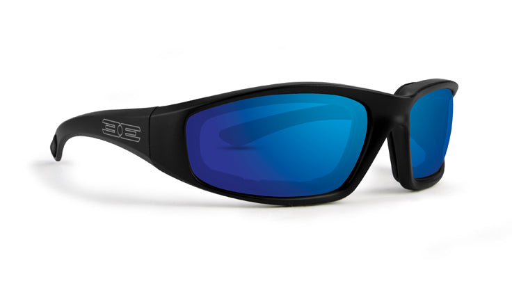 Foam sunglasses with blue mirror lens and black frame in US by Epoch Eyewear