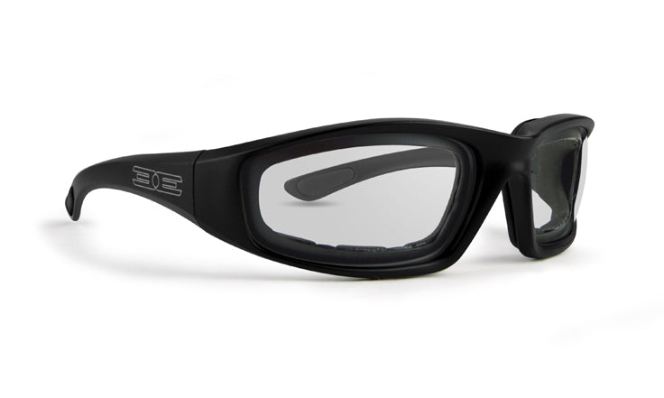 Foam sunglasses with transparent mirror lens and black frame by Epoch Eyewear