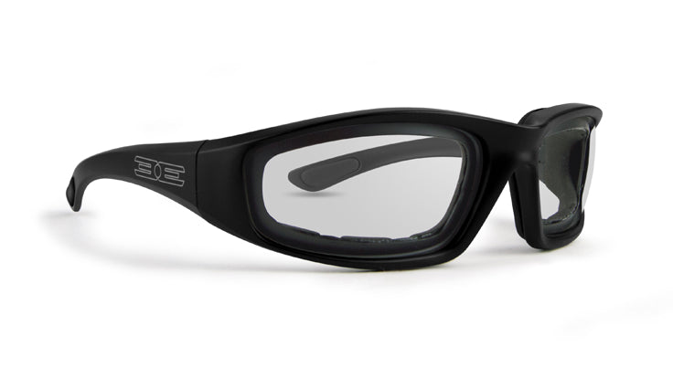 Foam sunglasses with transparent mirror lens and black frame by Epoch Eyewear