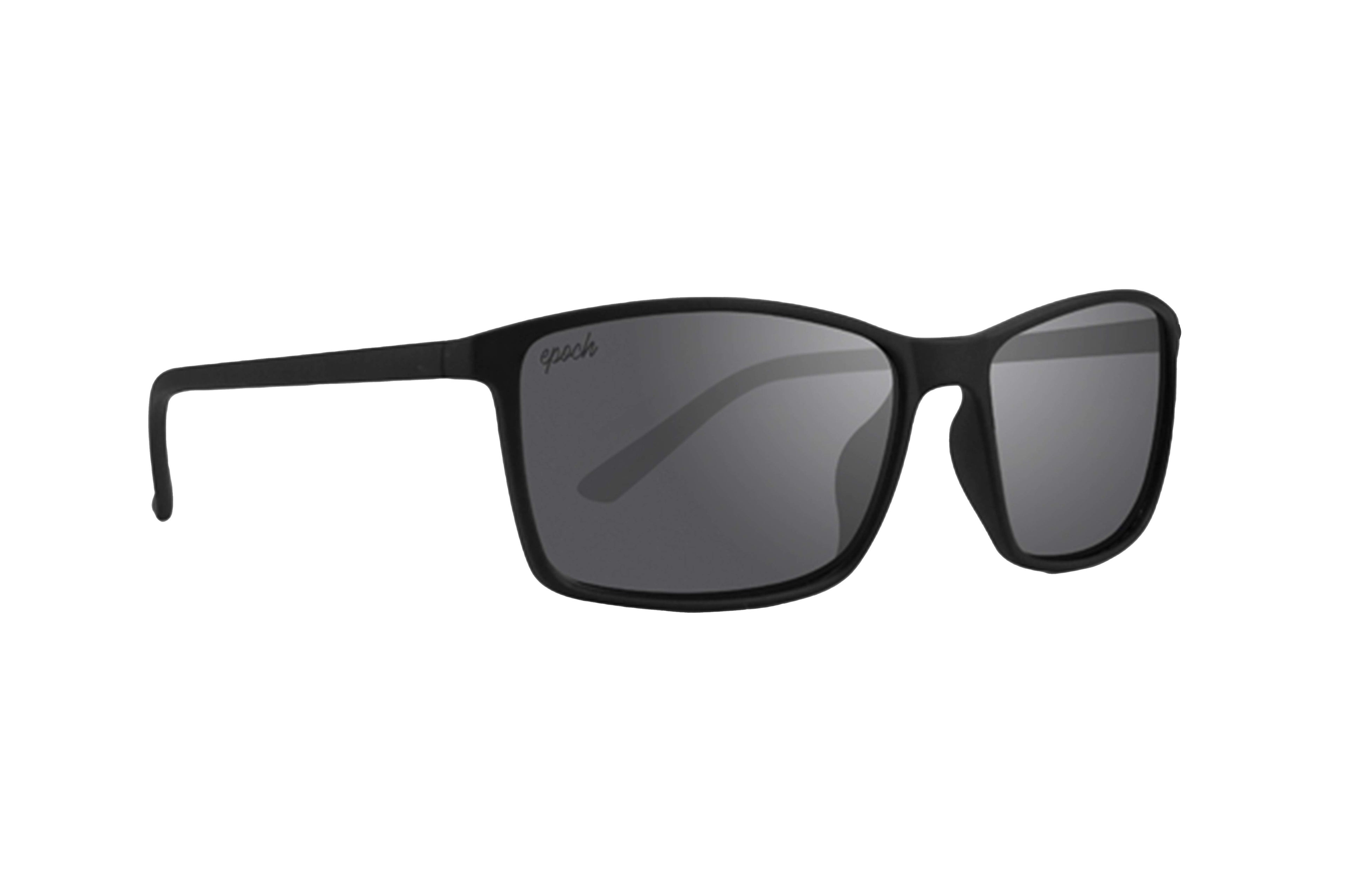 A pair of black sunglasses with grey lenses by epoch eyewear 